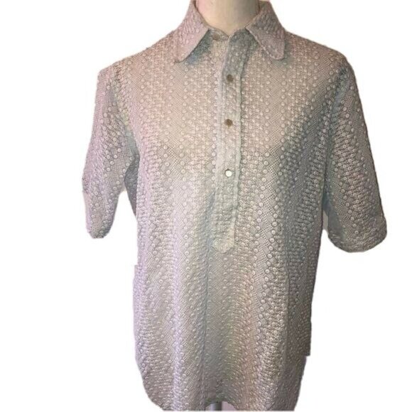 Unbranded Tops - Textured Top Womens Vintage Handmade Light Blue Short Sleeve Button Front